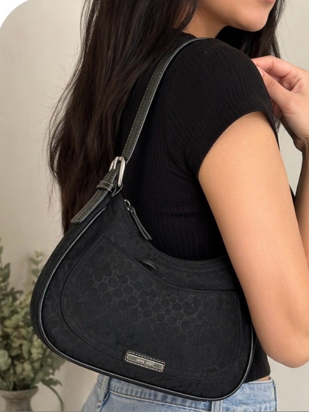 Nine West Black Fabric Shoulder Bag Small Hobo Zip Top Minimalist Y2K Style